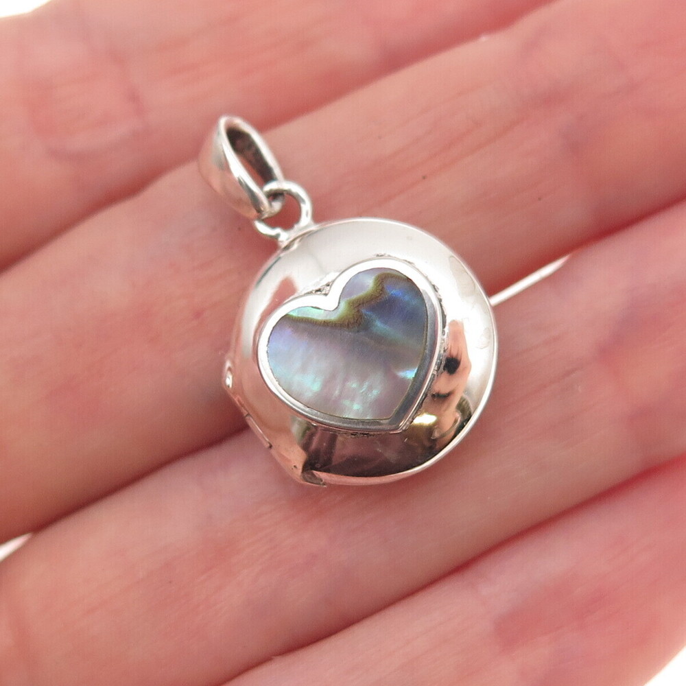 925 Sterling Silver Vintage Real Abalone Shell Heart Locket Charm Pendant